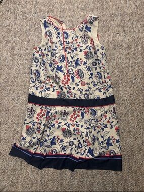 LOFT Cream Floral Sleeveless Dress with Navy & Red Trim